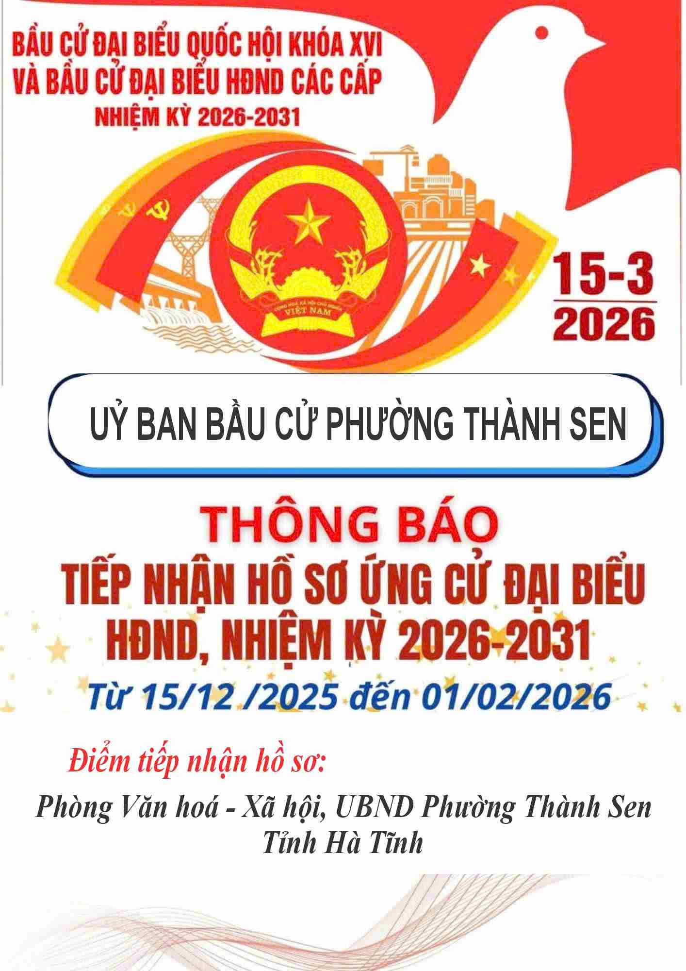 Uỷ ban bầu cử phường Thành Sen thông báo tiếp nhận hồ sơ ứng cử viên đại biểu Hội đồng nhân dân phường Thành Sen nhiệm kỳ 2026-2031