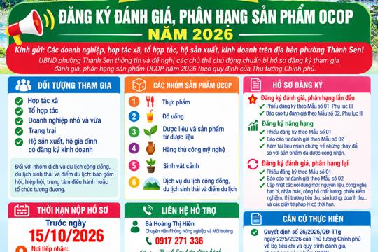 Phường Thành Sen thông báo đăng ký đánh giá, phân hạng sản phẩm ocop năm 2026