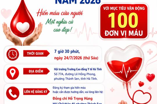 Phường Thành Sen kêu gọi tham gia Ngày hội hiến máu "Giọt hồng Thành Sen" năm 2026
