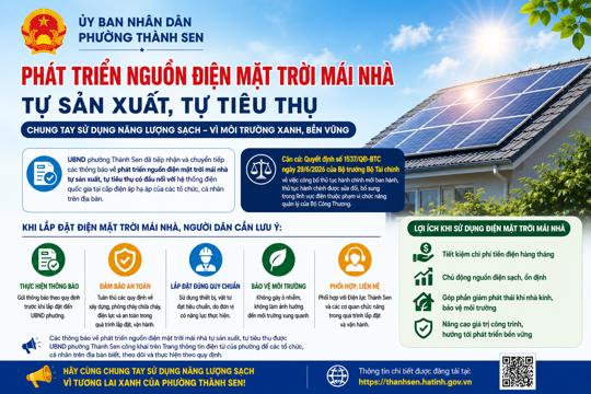 Thông báo về việc phát triển nguồn điện mặt trời mái nhà tự sản xuất, tự tiêu thụ trên địa bàn phường Thành Sen