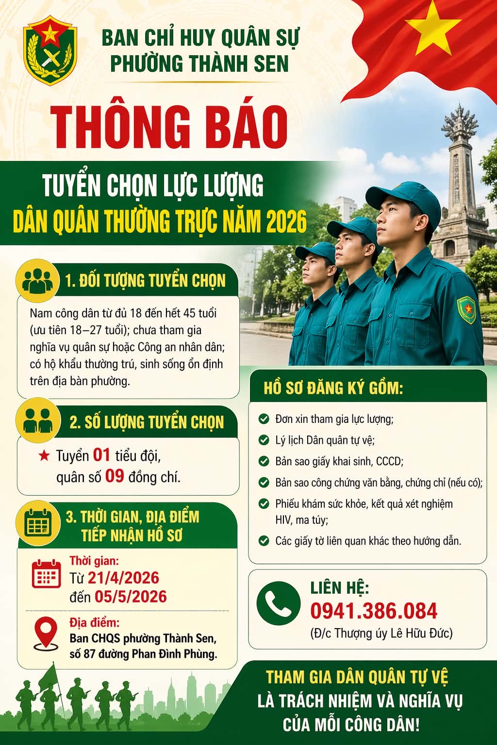 Thông báo tuyển chọn lực lượng Dân quân thường trực năm 2026 